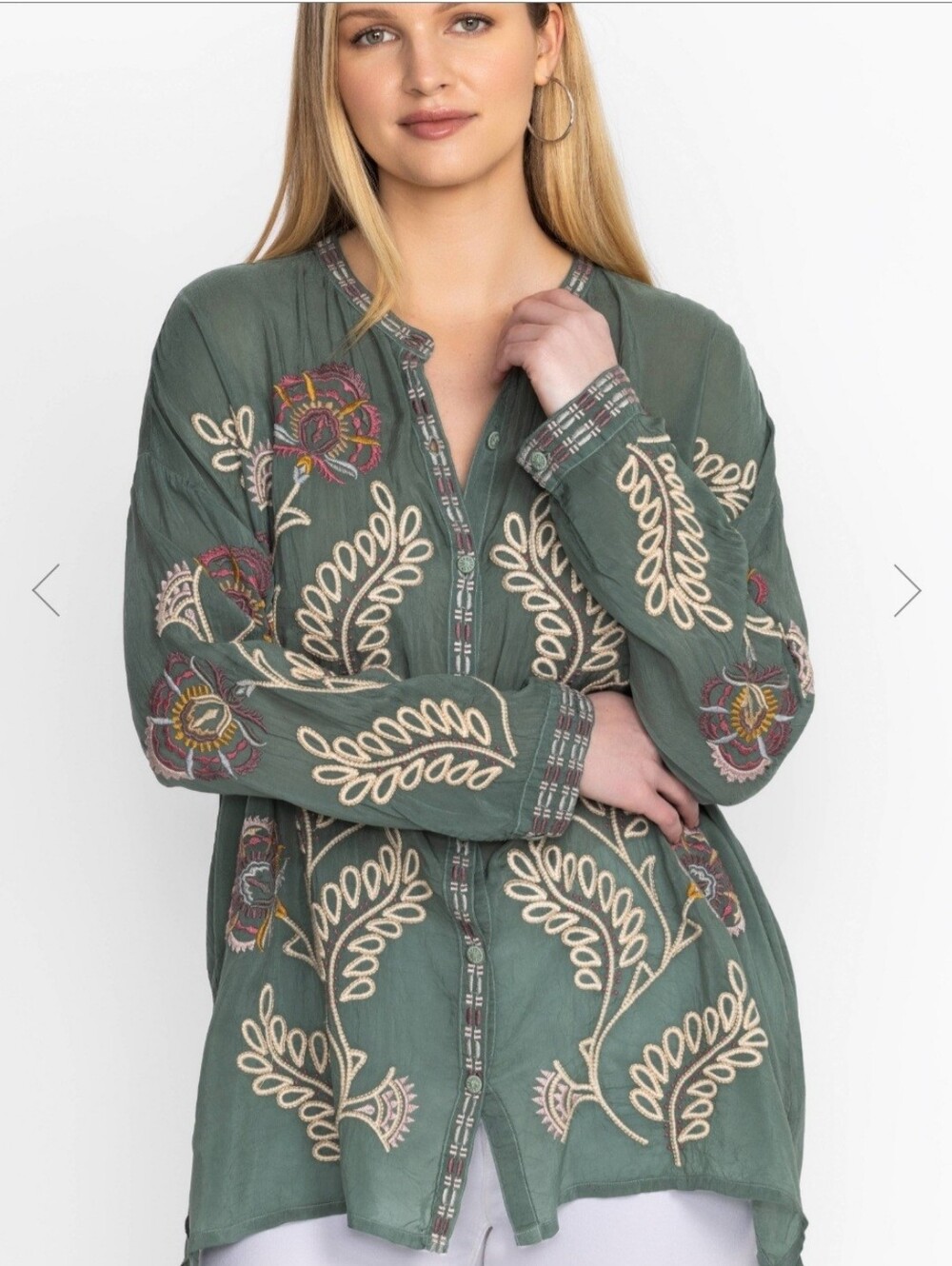 Johnny Was Audrey Embroidered Sage Green Tunic Top Sz XlP Xl Petite